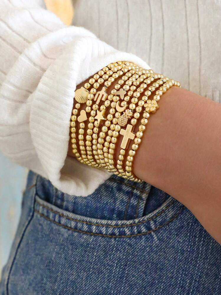 9pcs/Set Simple CCB Star & Moon Charm Bracelet, Fashionable Elastic Beaded Bracelet With Multiple... | SHEIN