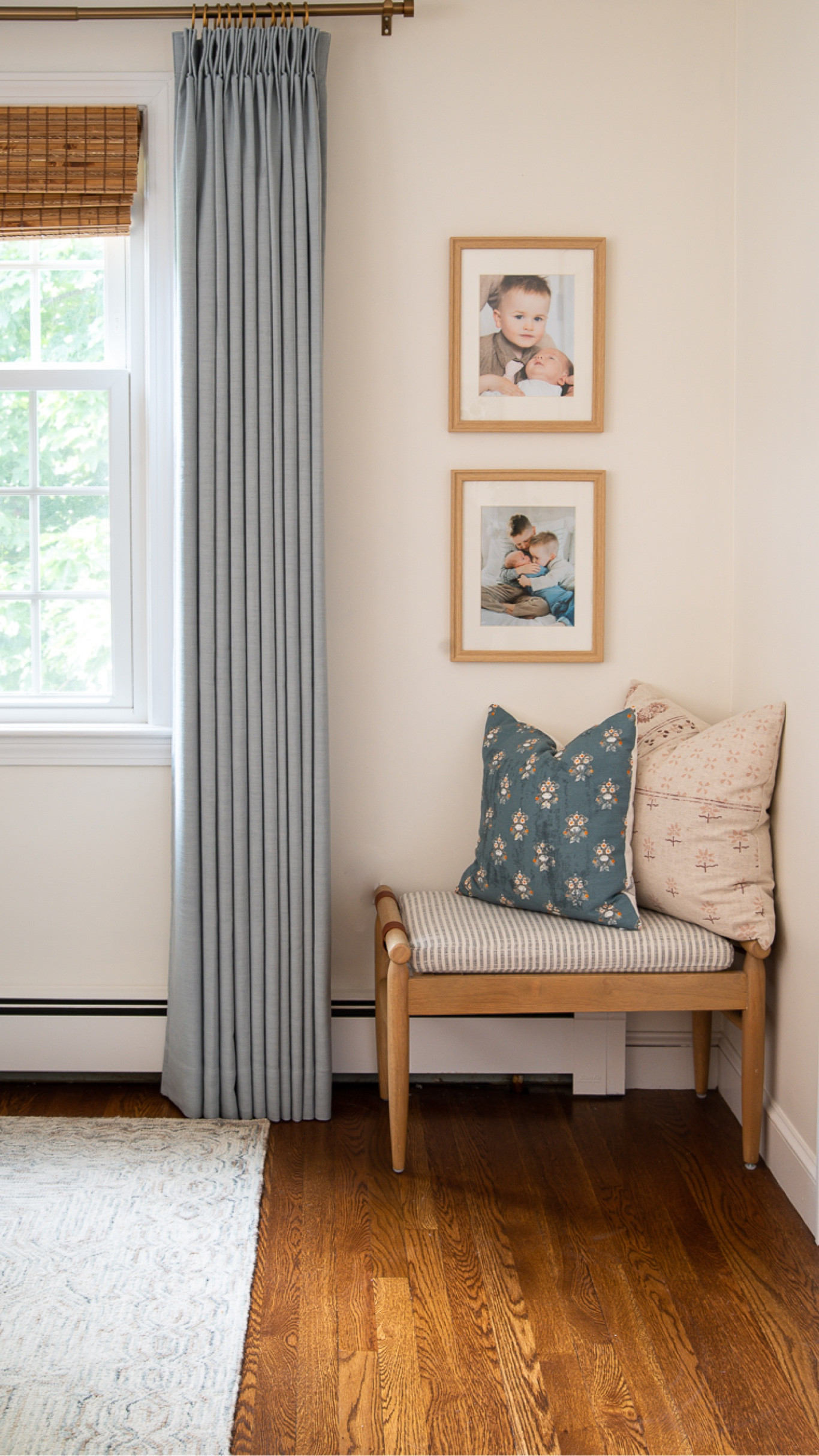 Pretty blue curtains and fall decorative pillows in bedroom with small bench. Fall coastal theme.

#LTKhome #LTKfamily