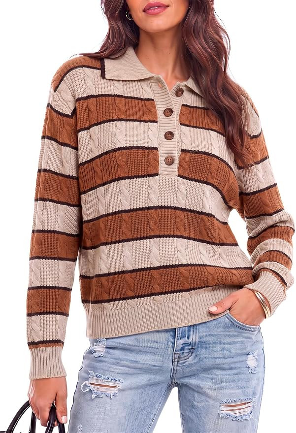 Fisoew Womens Cable Knit Sweaters Casual Polo V Neck Striped Pullover Tops | Amazon (US)