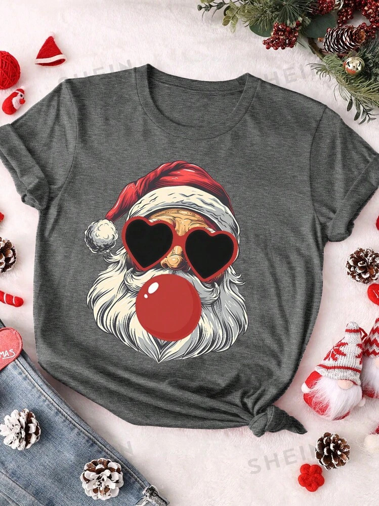 SHEIN LUNE Santa Claus Graphic Abstract Print Round Neck Short Sleeve T-Shirt, Plus Size, Christm... | SHEIN