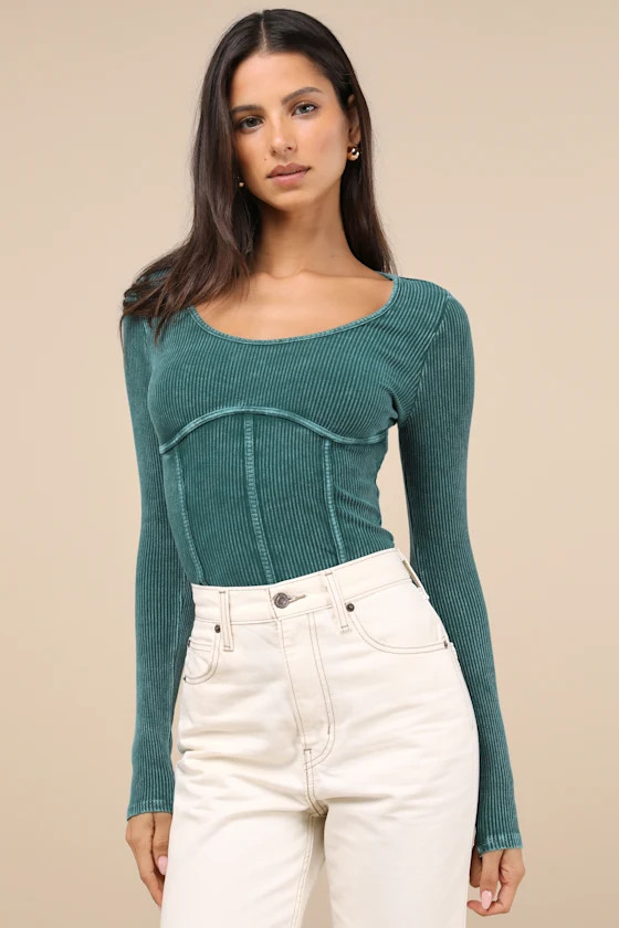 Endless Cuteness Washed Teal Ribbed Seamed Long Sleeve Top | Lulus