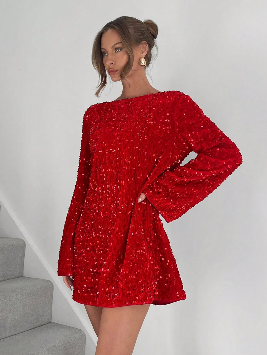SHEIN Essnce Women's Sequin Embellished Round Neck Long Sleeve Mini Dress, Suitable For Banquet A... | SHEIN