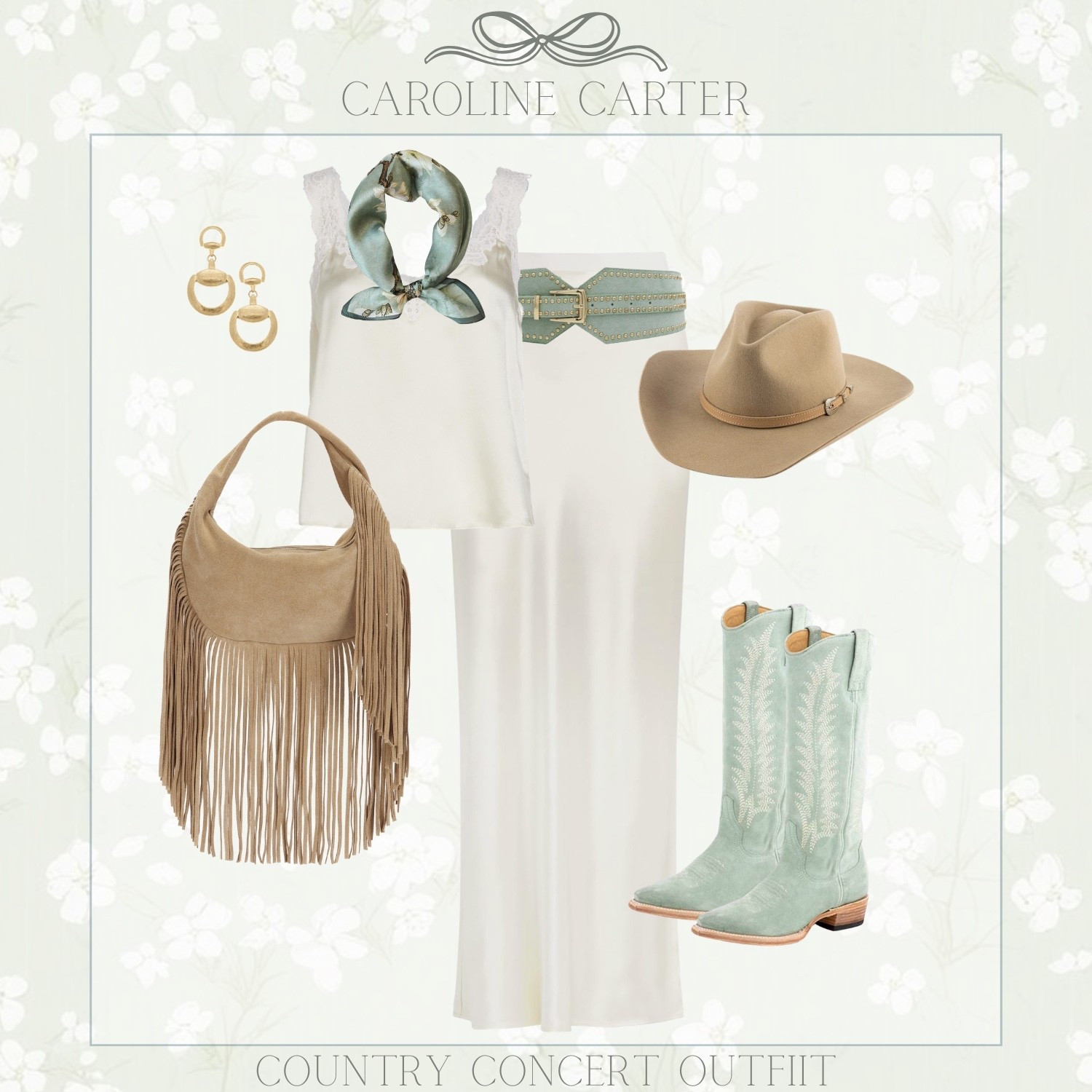soft sage + cream country concert look | Lace details, a statement belt, fringe bag, and the cutest mint boots for a little western charm.

western style, sage green outfit, mint cowboy boots, fringe bag, wide brim hat, lace tank, statement belt, coastal cowgirl, spring concert look, feminine western, rodeo outfit, country concert outfits

#LTKootd