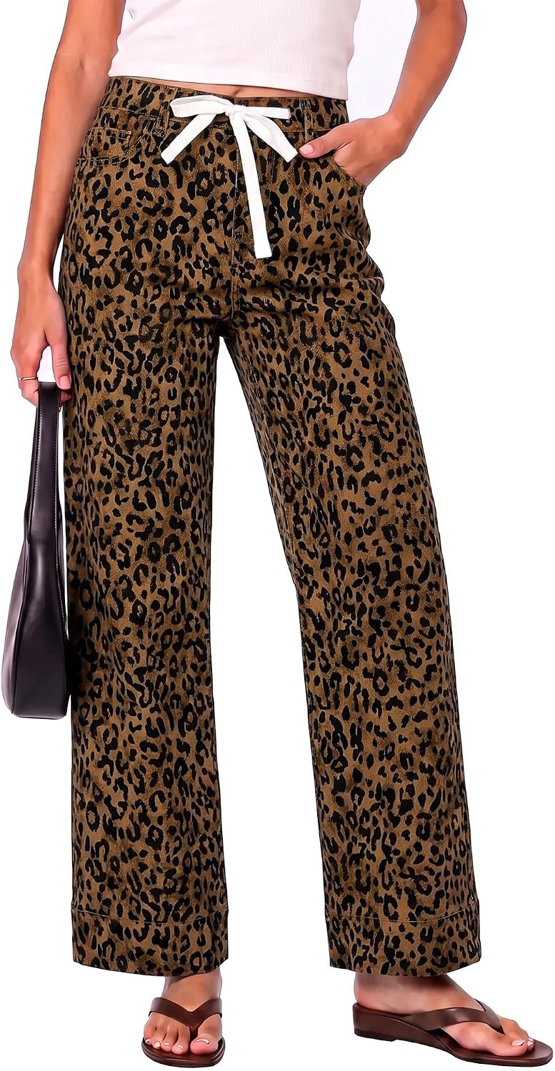 GRAPENT Leopard Jeans for Women Wide Leg High Waisted Cheetah Print Pants | Amazon (US)