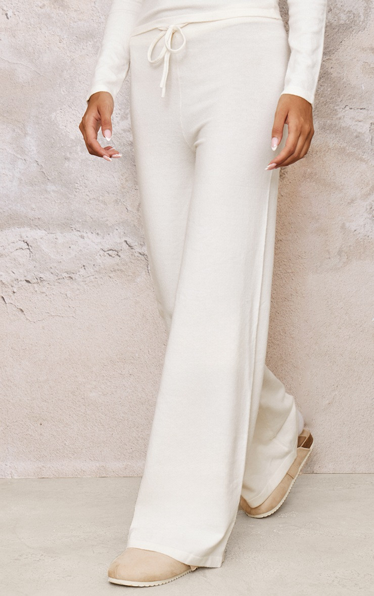 Oatmeal Soft Knit Drawstring Waist Wide Leg Pants | PrettyLittleThing US