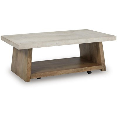 Signature Design by Ashley Brendalhouse Coffee Table - Light Brown Wood with Faux Cement Top, Rolling Casters, Bottom Shelf Storage | Target