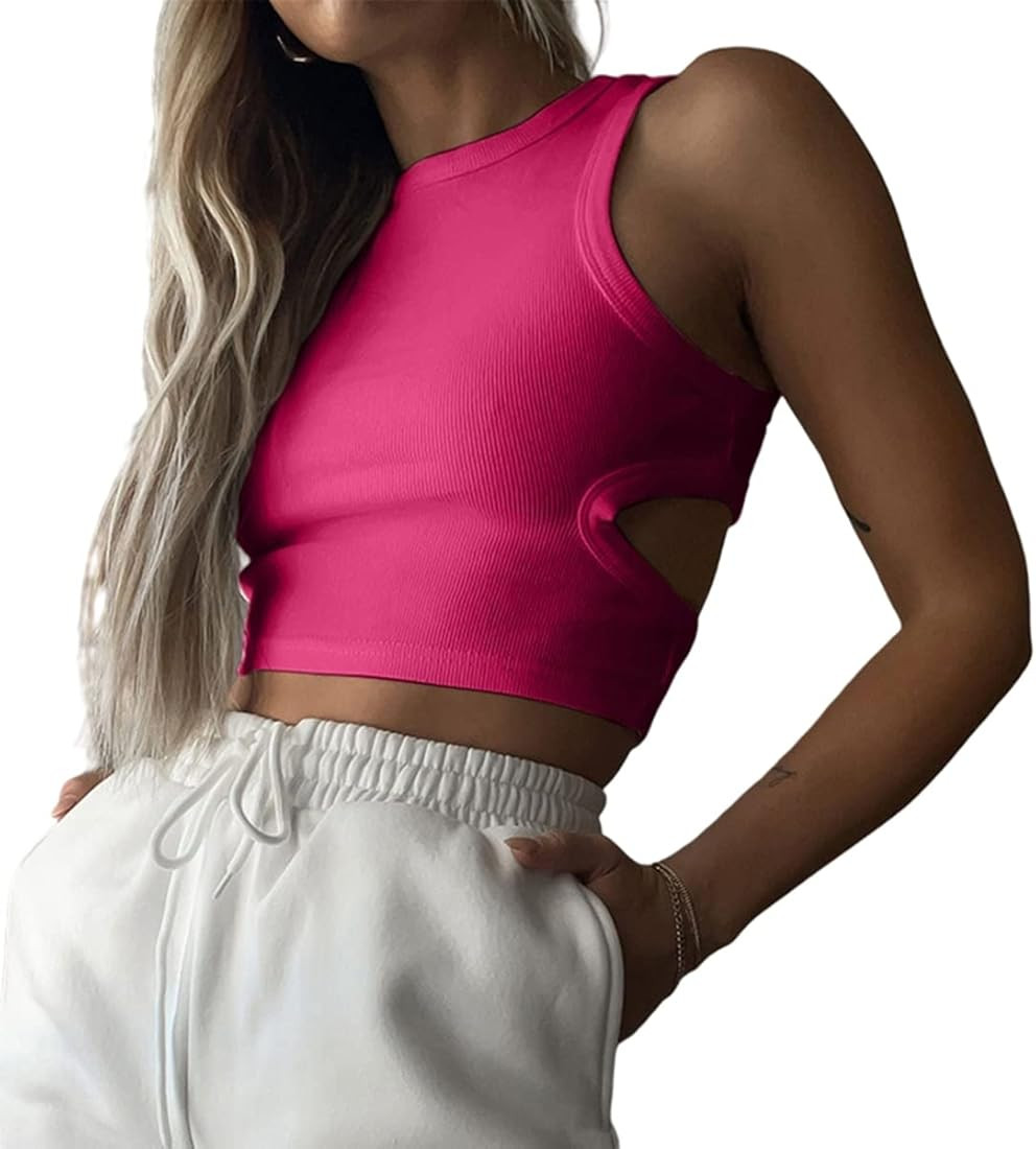 Y2k Sleeveless Racerback Tank Tops for Women Knitted 1/2 Crop Top Summer Basic Casual Vest Tops | Amazon (US)