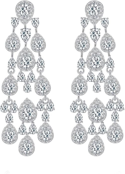 Luxury Crystal Big Chandelier Drop Earrings, Clear Cubic Zirconia, Long Teardrop Design, Bridal W... | Amazon (US)
