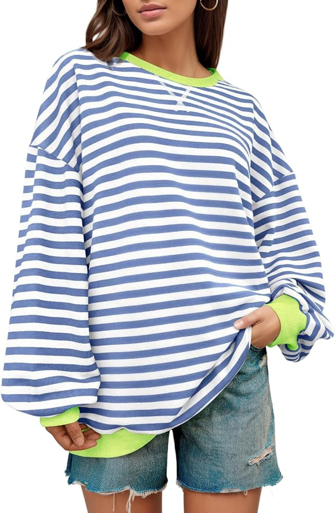 JTAISC Women Crewneck Oversized Sweatshirt Striped Color Block Tops Long Sleeve Shirt Casual Loos... | Amazon (CA)