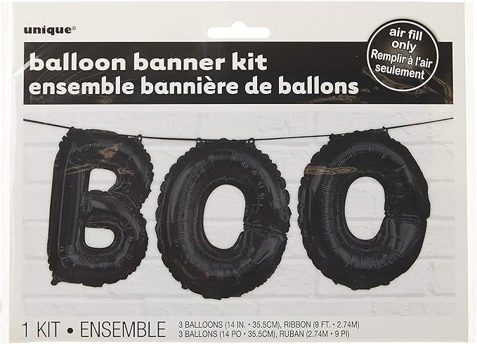 Unique Industries Black BOO Halloween Foil Balloon Letter Banner Kit 14", 1 Ct, 9 ft | Amazon (US)