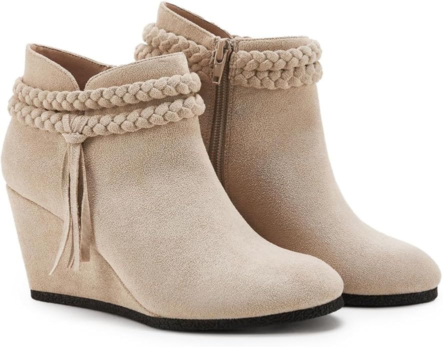 Womens Wedge Ankle Boots Braided Fringe Strap Western Heeled Fall Booties Dress Shoes | Amazon (US)