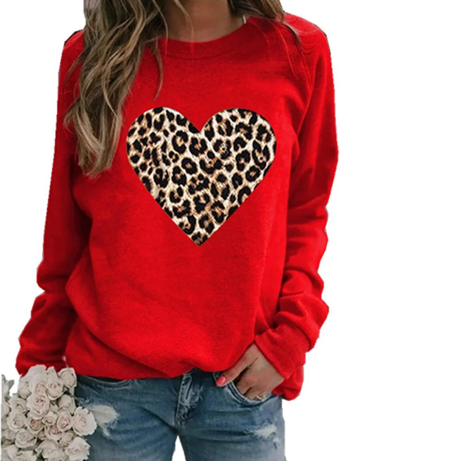 Women's Round Neck Long-sleeved Leopard Print Heart-shaped Hooded Sweater Top | Walmart (US)