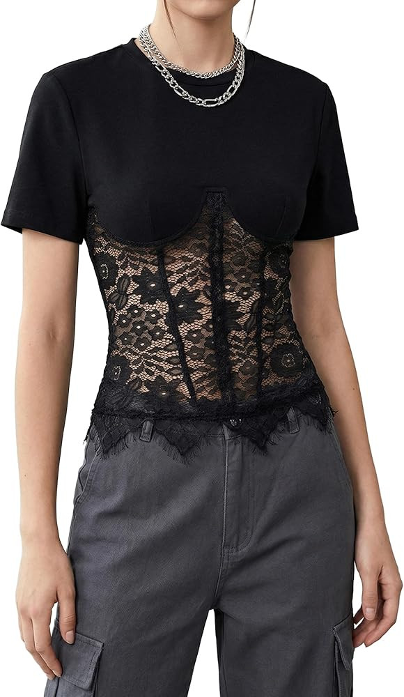 Womens Lace Corset T Shirt Top Slim Fit Waist Cinching Lace Patchwork Tee, Sexy Blouse Summer Goi... | Amazon (US)