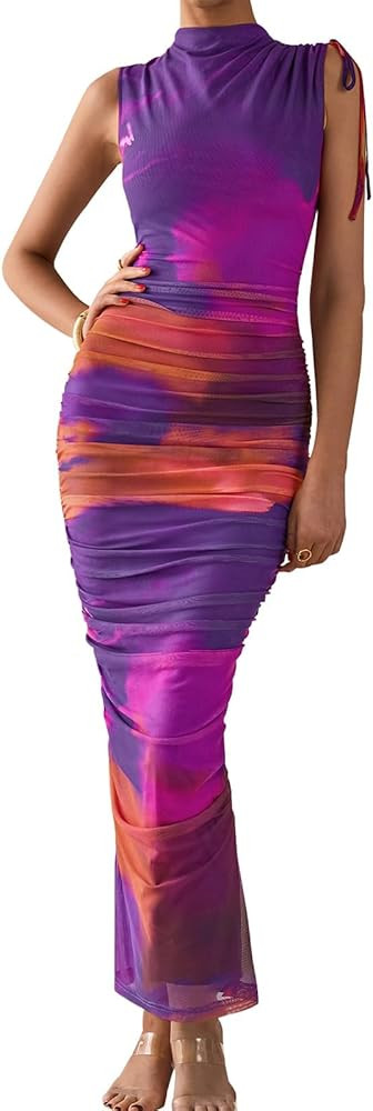 PRETTYGARDEN Women's Summer Maxi Floral Dresses Ruched Bodycon Sleeveless Mesh Formal Wedding Gue... | Amazon (US)