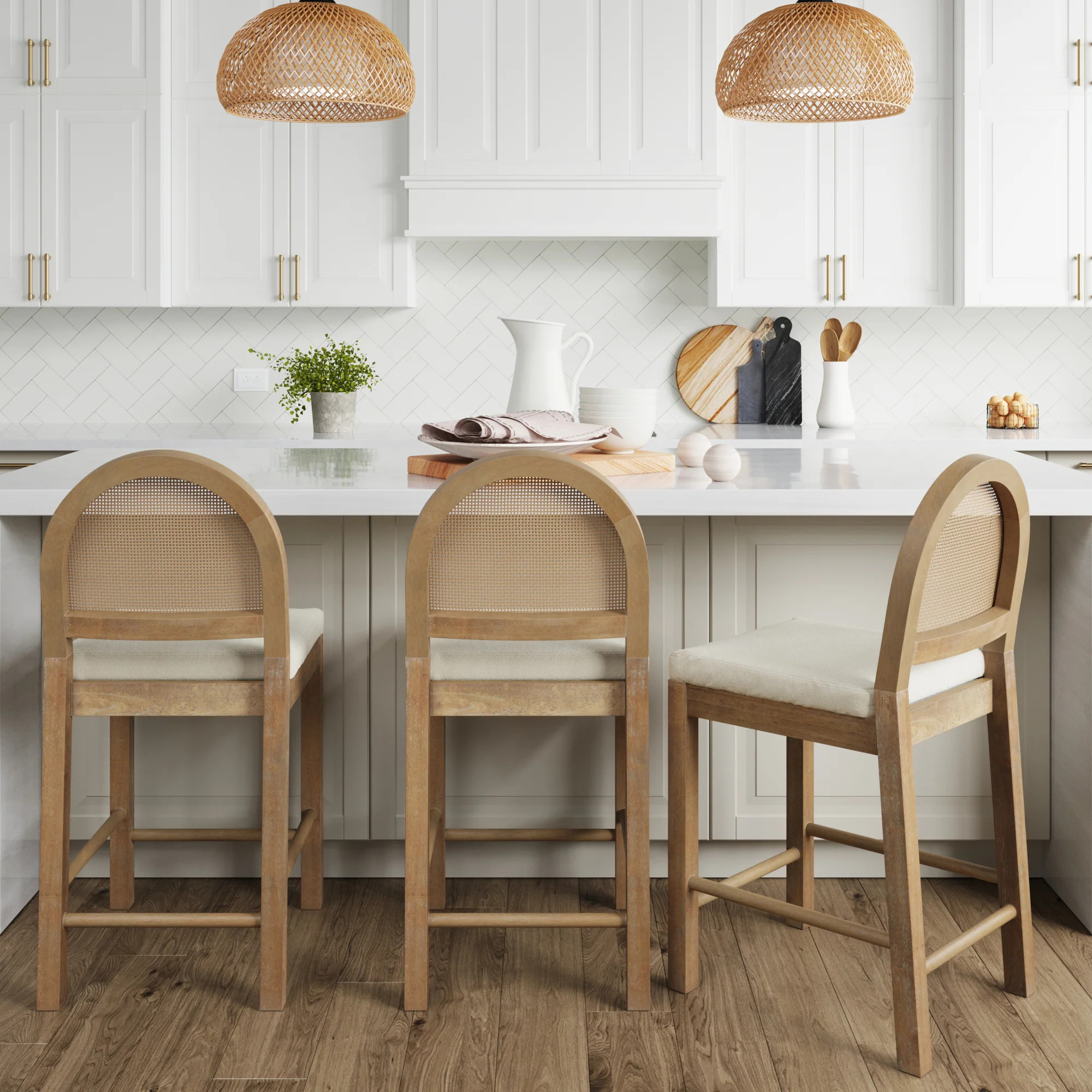 Boucle & Rattan Counter Height Bar Stools Light Brown (Set of 3) | Nathan James