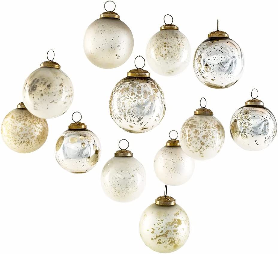 Serene Spaces Living Set of 12 Vintage Style White & Silver Glass Ball Ornaments for Christmas Tr... | Amazon (US)