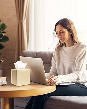 Tissue Box Cover Tissue Holder – Square Leather Tissue Box Holder with Bottom Belt [JESMINI, Be... | Amazon (US)