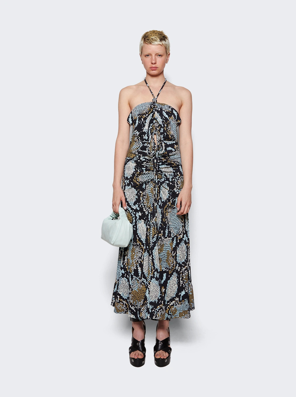 Printed Snake Crepe De Chine Halter Dress | The Webster