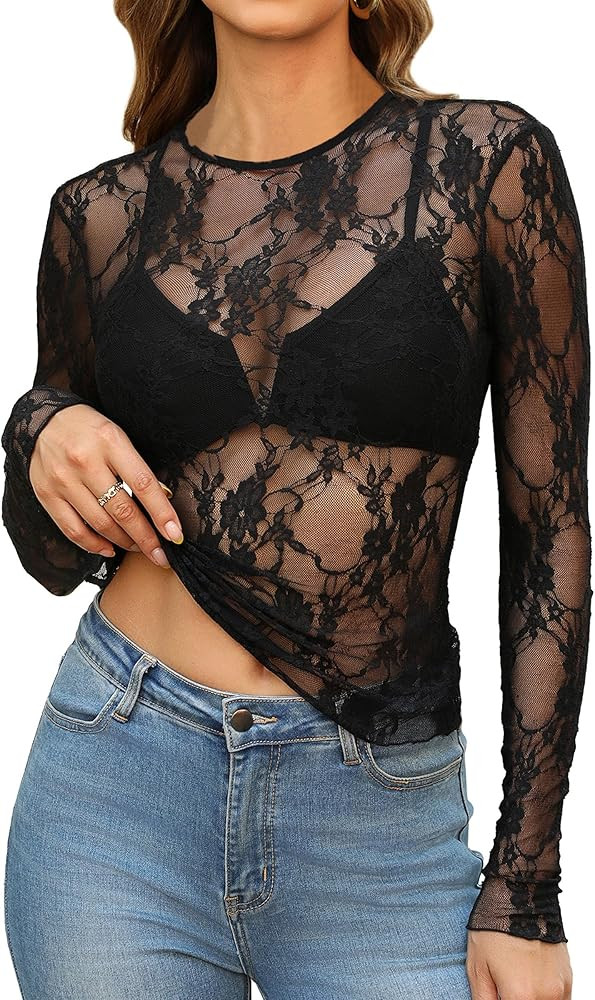 OFEEFAN Womens Mesh Tops Lace Long Sleeve Shirts Crewneck Slim Fitted Outfits See Through Blouses | Amazon (US)