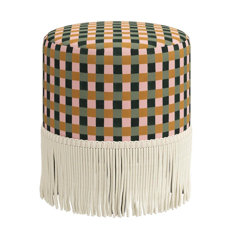 Pierre Fringe Ottoman In Painted Check Plaid Sage Oga | Wayfair North America
