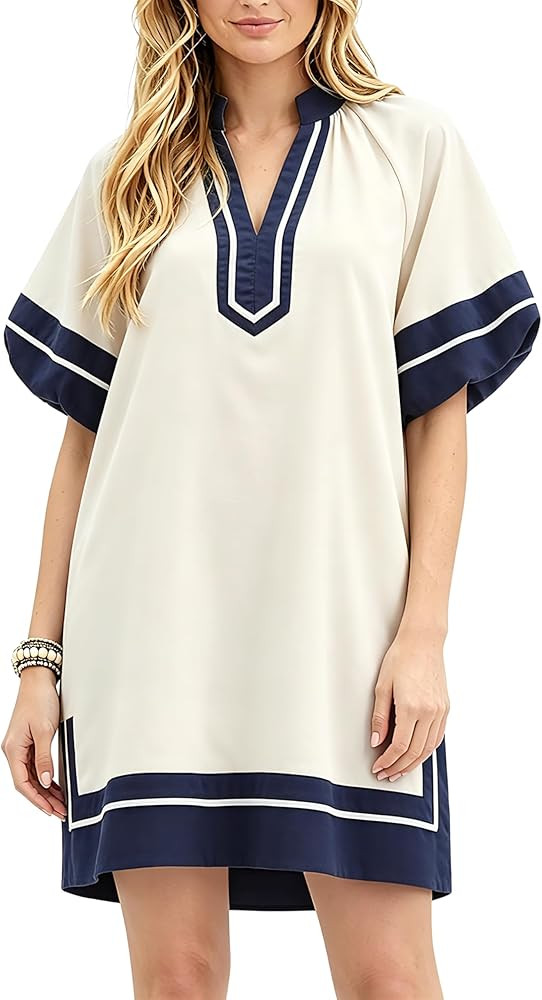 Esmeling Women's Color Block Pullover Dress V-Neck Puff Sleeve Dress Mini Shirt Dress with Pocket... | Amazon (US)
