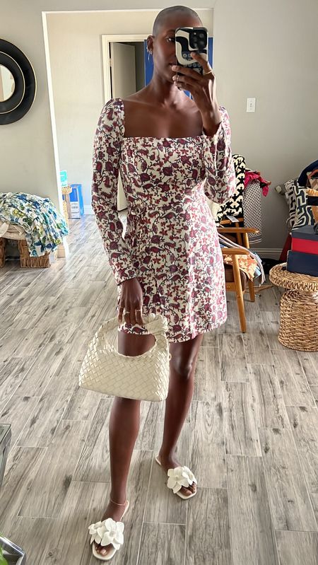 Spring outfit! Square neck long sleeve printed mini wrap dress, white slides with floral appliqué and white knotted woven boho purse  

#LTKSpringSale #LTKshoecrush #LTKfindsunder100