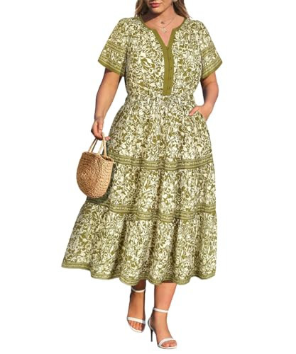 RITERA Plus Size Dresses for Curvy Women Floral V-Neck Short Sleeve Casual Summer Wedding Guest Dress Elastic Waist Olive Green Maxi Ruffle Dress Flowy A Line Beach Sundress with Pockets XL 14W 16W | Amazon (US)