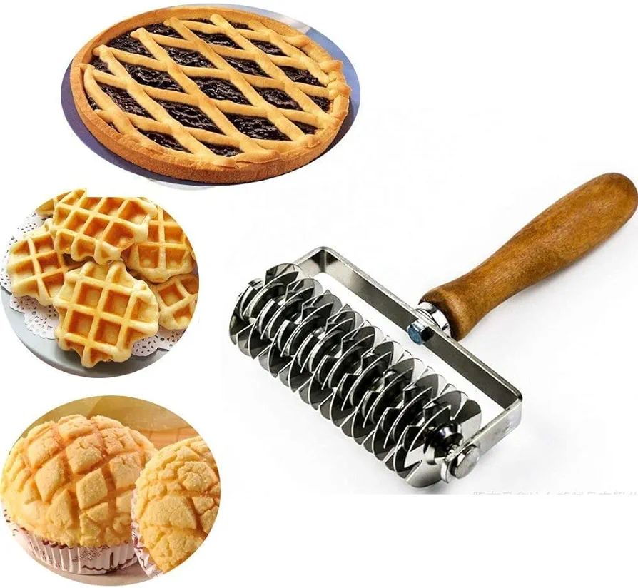 Stainless Steel Dough Lattice Top Cookie Pie Pizza Bread Pastry Crust Roller Cutter,Wood Handle | Amazon (US)