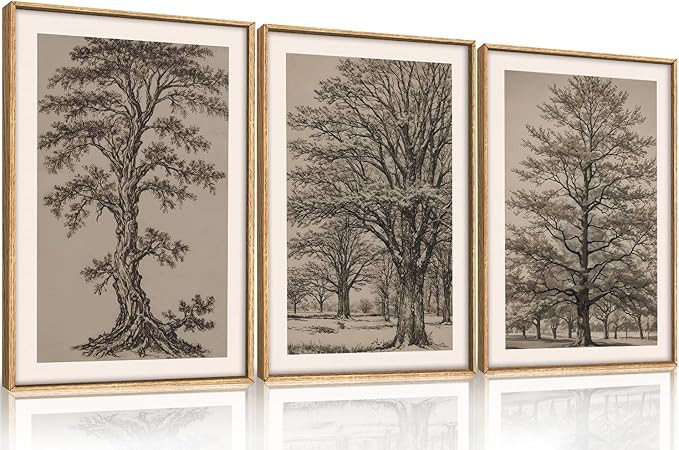 HOURIA Vintage Tree Sketch Framed Canvas Wall Art Set,Natural Brown and Gray Woodland Wall Decor,... | Amazon (US)