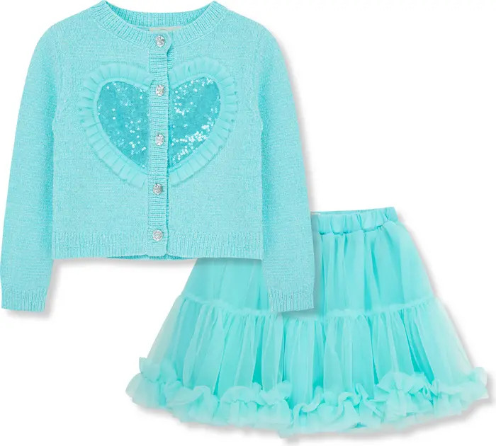 Kids' Embellished Sequin Heart Cardigan & Tiered Skirt Set | Nordstrom
