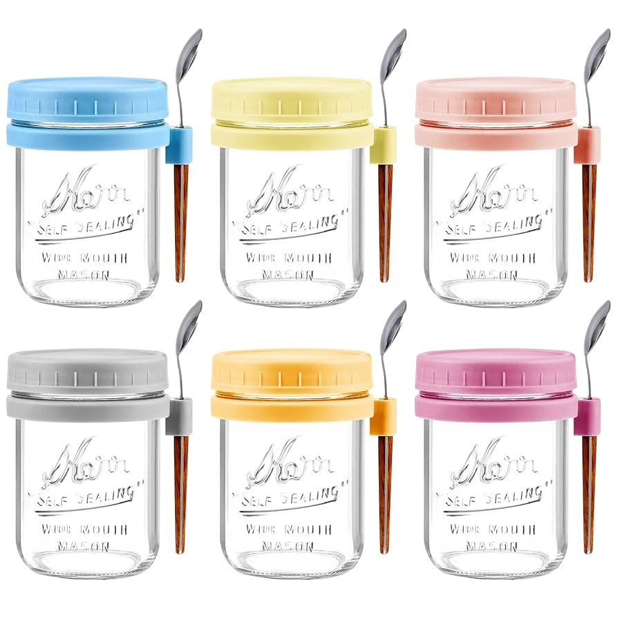 6 Pack Overnight Oats Containers with Lids and Spoons - 16 Oz Glass Mason Jars for Overnight Oats... | Amazon (US)