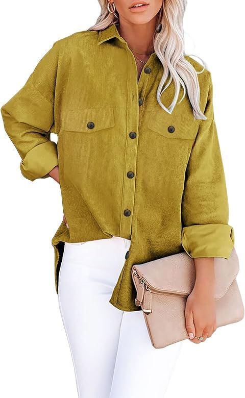SHEWIN Womens Corduroy Long Sleeve Button Down Shirts Shacket Jacket Tops | Amazon (US)