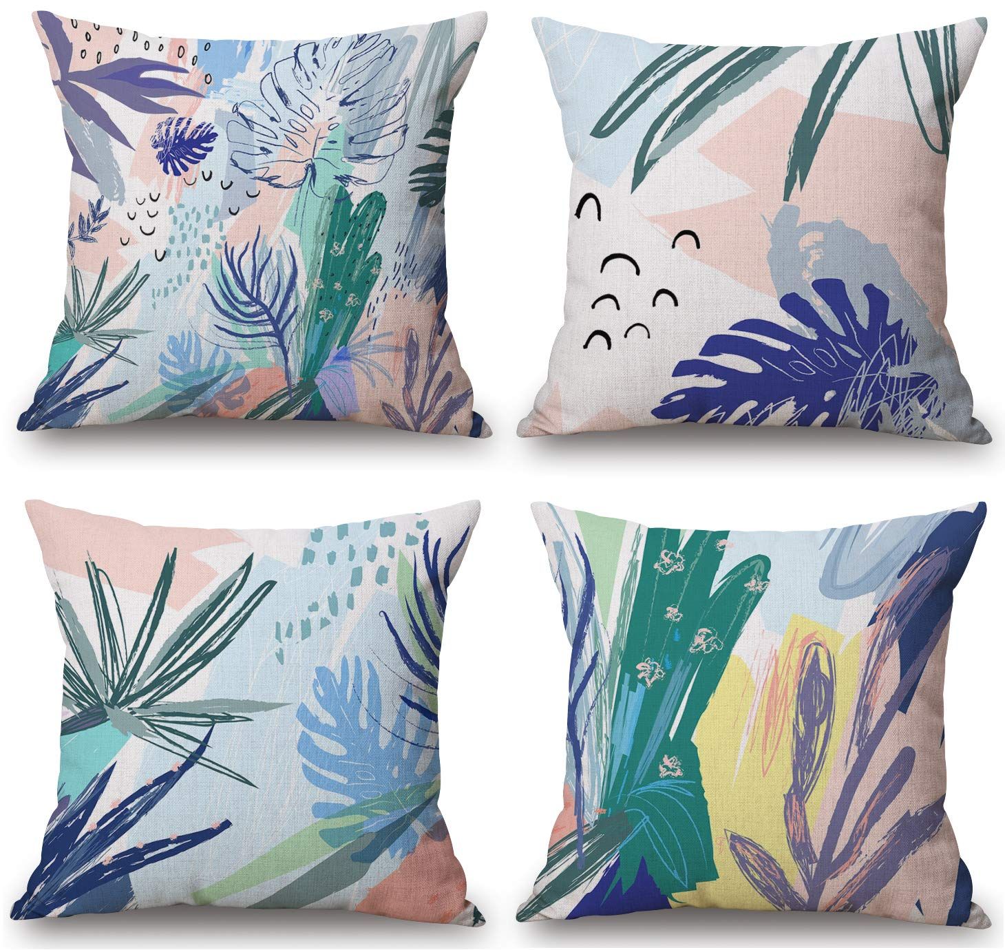 BLUETTEK Tropical Leaves Summer Decorative Pillow Covers Set 18 x 18 Inches, Burlap Couch Sofa Co... | Amazon (US)