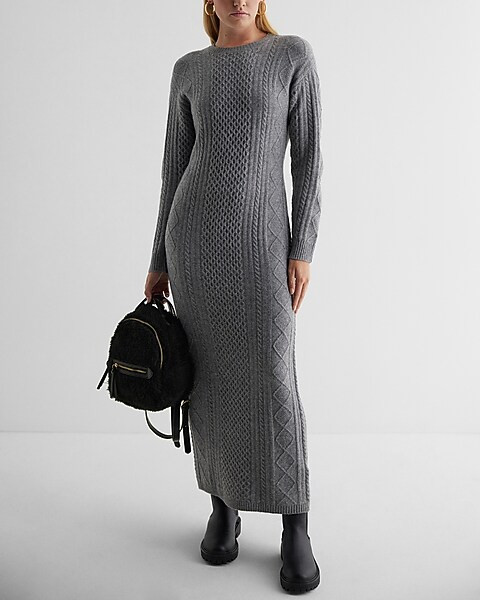 Cable Knit Crew Neck Long Sleeve Maxi Sweater Dress | Express