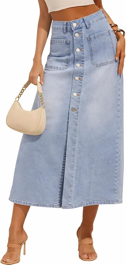 Women’s High Waist Denim Midi Skirt with Pocket Front Slit Button Down Jean Skirt | Amazon (US)