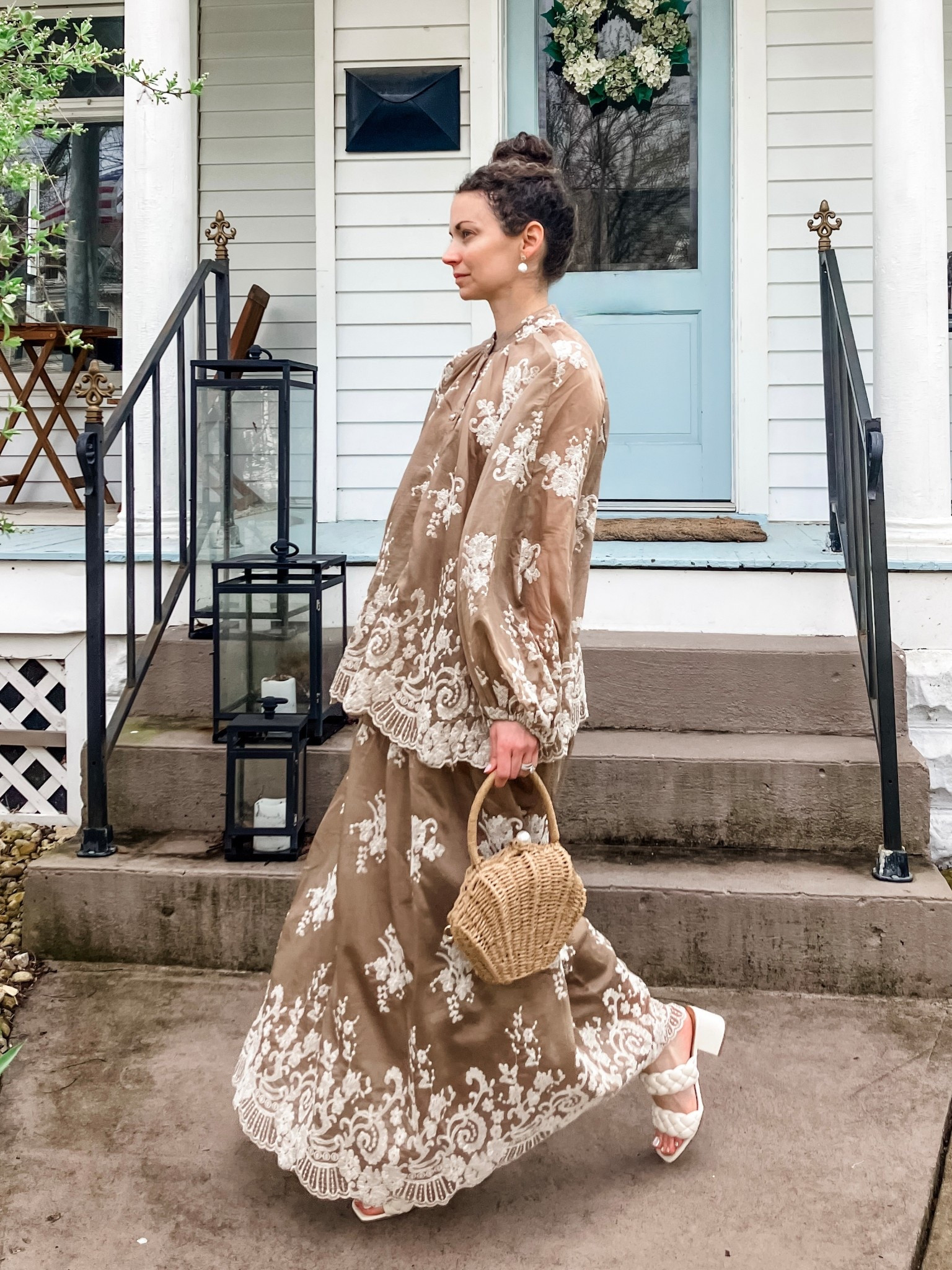 A beautiful embroidered skirt and top set!
Set from Chicwish. 
Seashell raffia bag from Chicwish. 
Block heels are old, linking similar. 
Petite outfit. Modest outfit. Spring outfit. Vacation outfit  

#LTKOver40 #LTKdayinmylife #LTKSeasonal