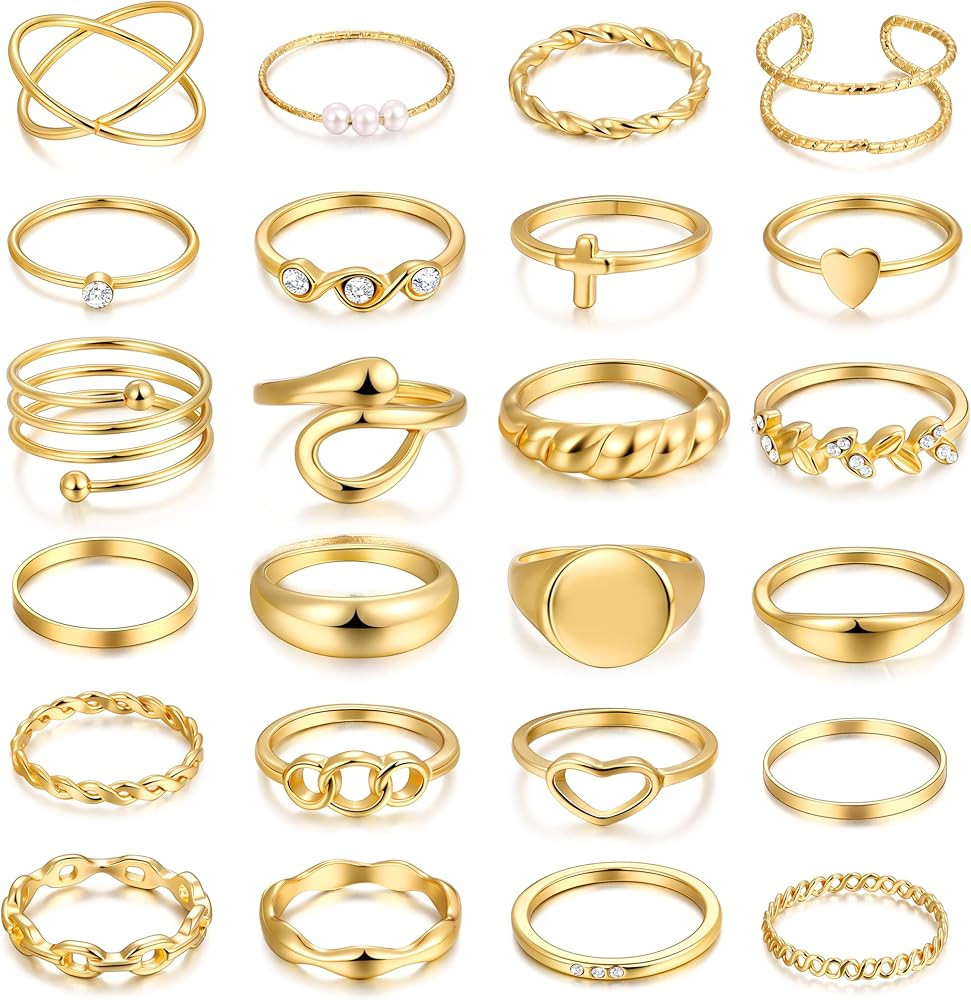 FAXHION 24-60 Pcs Gold Stackable Rings for Women, Knuckle Rings Chunky Gold Ring Set Dainty Stack... | Amazon (US)