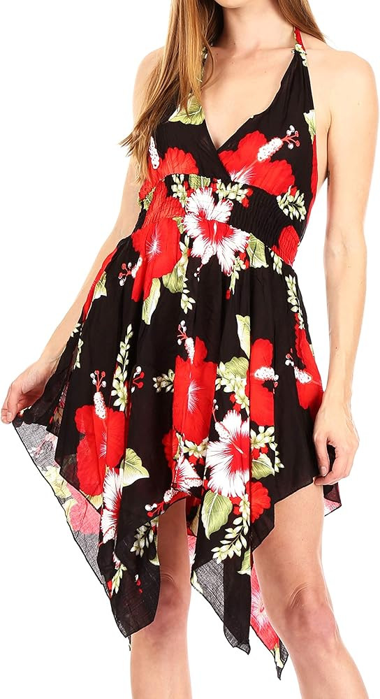 Sakkas Svana Women's V-Neck Spaghetti Strap Floral Print Summer Casual Short Dress | Amazon (US)