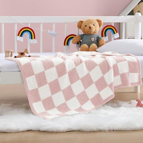 WRENSONGE Checkered Throw Blanket, Pink Microfiber Soft Cozy Fluffy Warm Hand Made Throw Blankets for Couch, Sofa, Chair, Bed, Camping, Picnic, Travel Lightweight Bed Blanket - 30"*40" | Amazon (US)