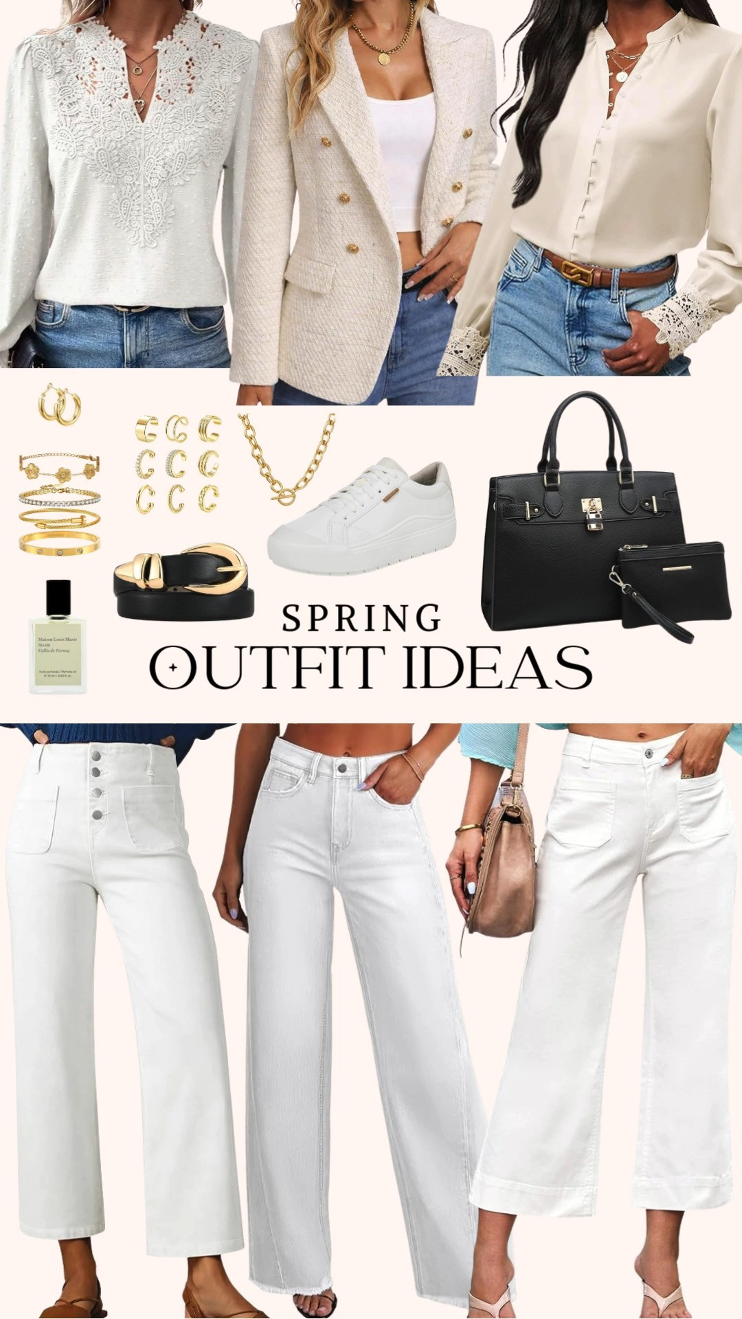 Spring Outfit Ideas From Amazon 🤍✨
Crisp whites and soft creams make spring outfits feel light, fresh, and timeless. From white jeans and tailored pants to lace trimmed blouses, a cream blazer, and classic black and gold accessories, these Amazon finds come together for effortless everyday looks. Save this for spring outfit inspiration that feels polished, versatile, and easy to wear all season ✨ 

 #LTKootd #LTKOver40 #LTKSaleAlert