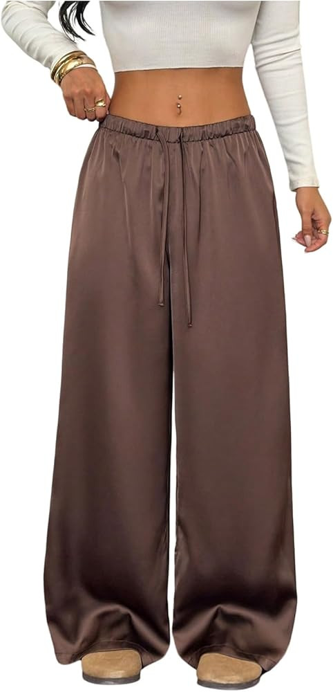 MakeMeChic Women's Satin Wide Leg Pants Drawstring Low Waist Baggy Going Out Trousers | Amazon (US)