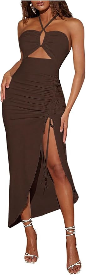 SOLY HUX Women's Cut Out Ruched Halter Dress High Split Drawstring Bodycon Maxi Vacation Dresses | Amazon (US)