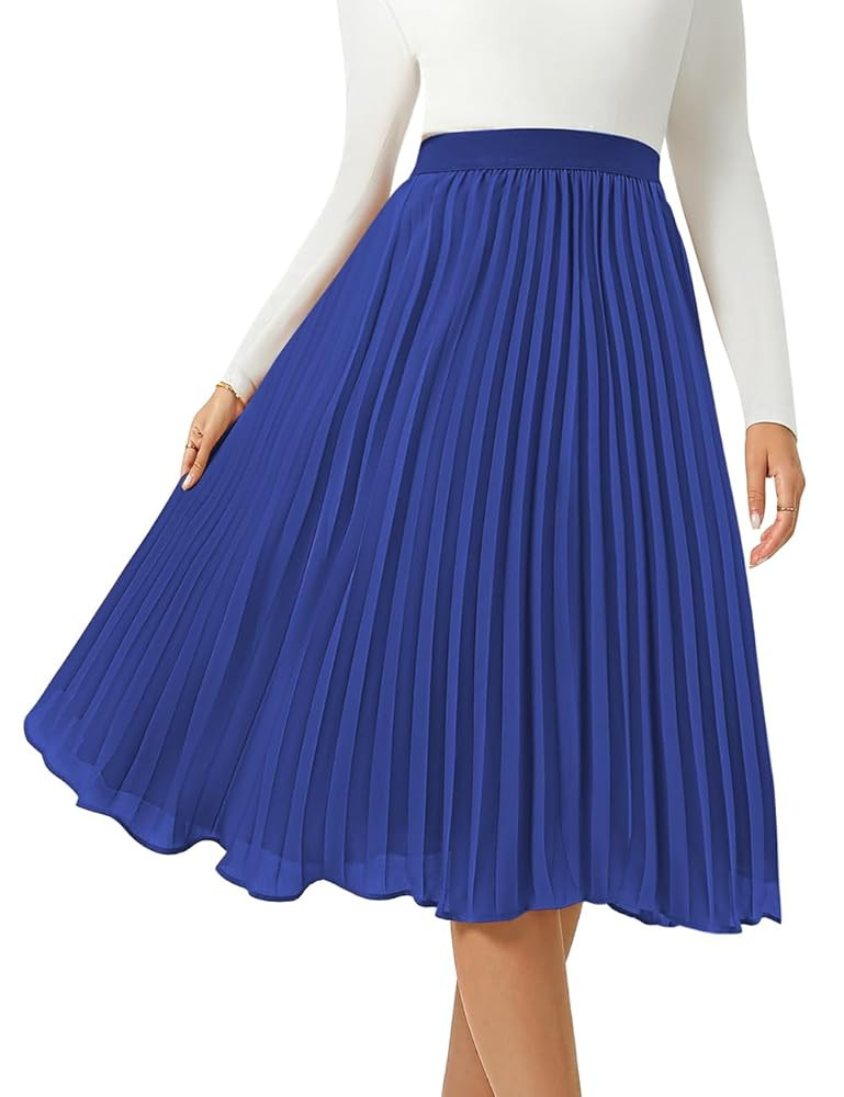 Women's Midi Skirt Elastic High Waist Pleated Skirt Knee Length Swing A-Line Casual Flowy Skirts ... | Amazon (US)