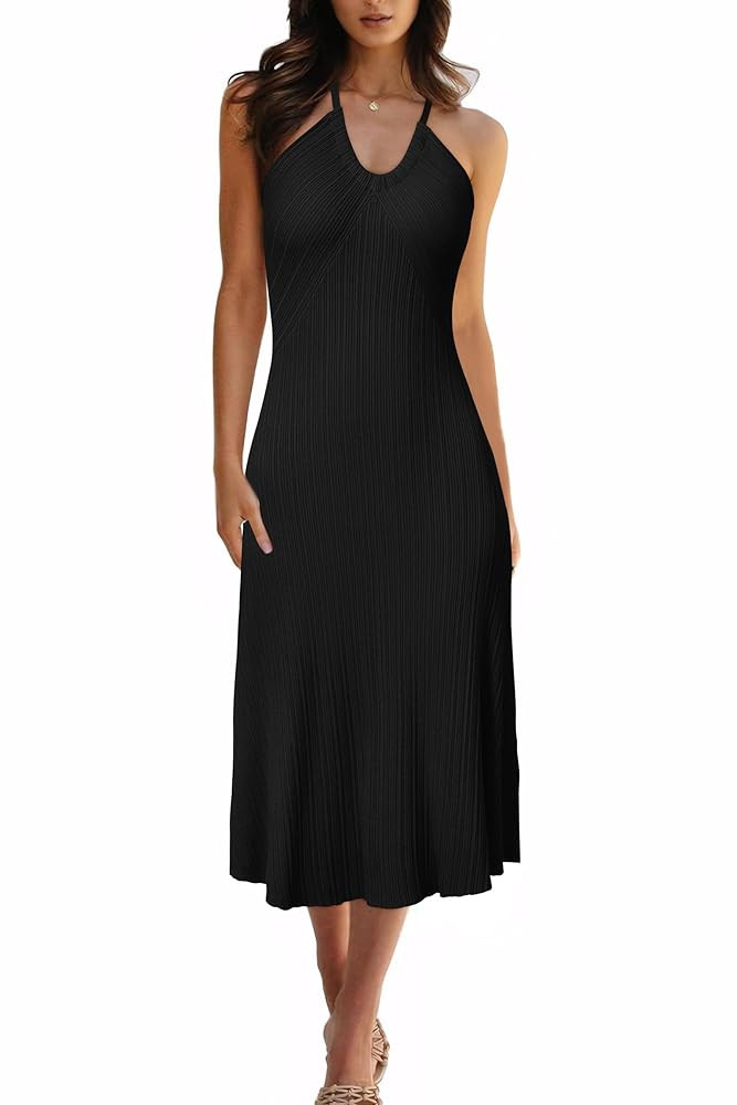 Arach&Cloz Women's Knit Adjustable Halter V Neck Summer Vacation Dress 2025 | Amazon (US)