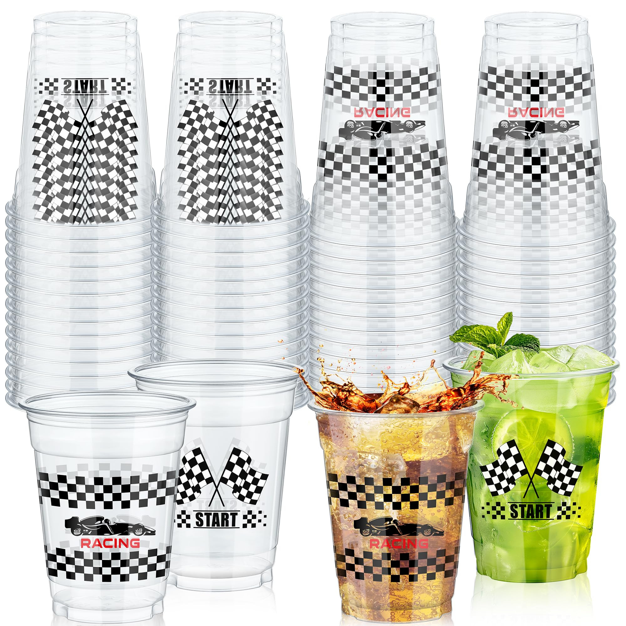 KesaPlan 50 Pcs Race Car Plastic Party Cups, 12oz Checkered Flag Disposable Clear Cup, Plastic Dr... | Amazon (US)