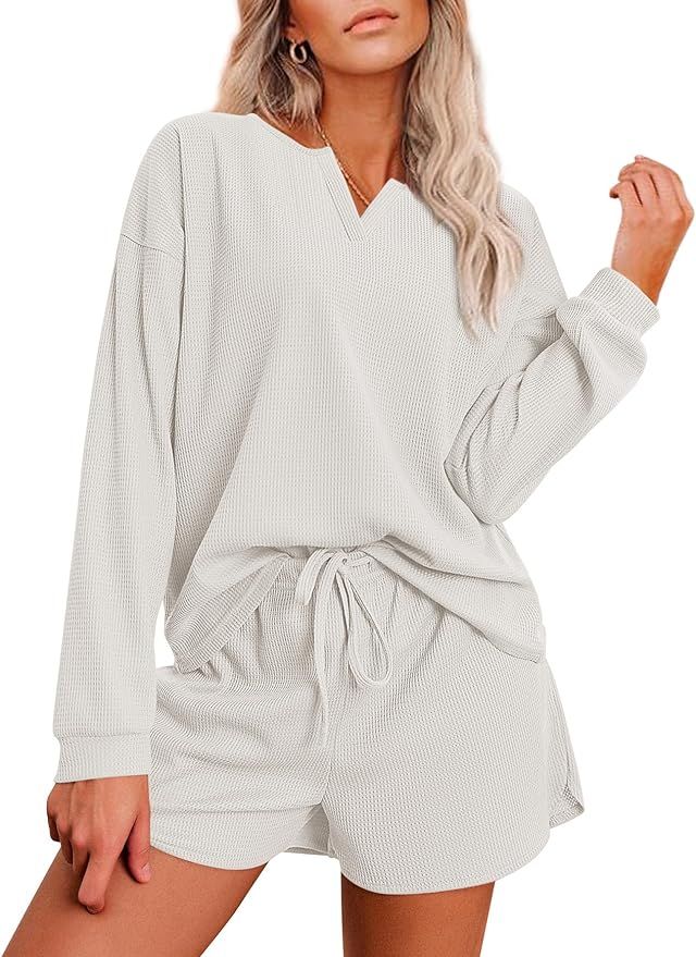 Ekouaer Lounge Sets for Women Waffle Knit Pajama Set Long Sleeve Top and Shorts Matching Loungewe... | Amazon (US)