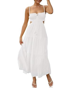 Fisoew Women's Spaghetti Strap Maxi Dress Summer Sleeveless Side Cut Out Dress Casual Boho Backle... | Amazon (US)