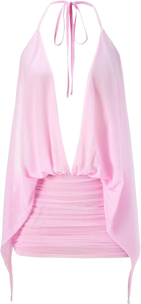 Women's Y2k Ruched Mesh Halter Mini Dress Rhinestone Chain Open Back Bodycon Party Club Rave Dres... | Amazon (US)