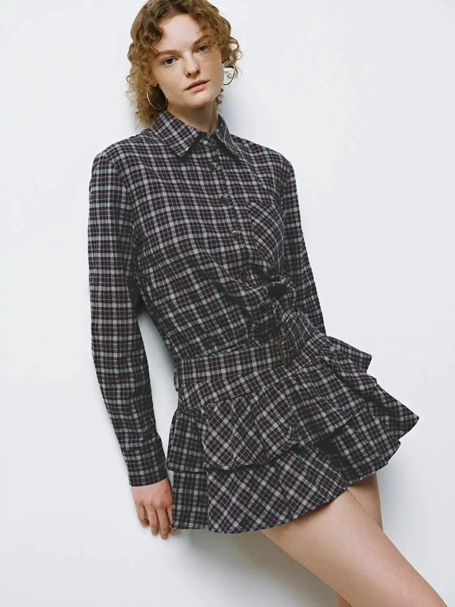 Shirt Collar Long Sleeve Tie Waist Ruffle Hem Plaid Dress | Urban Revivo