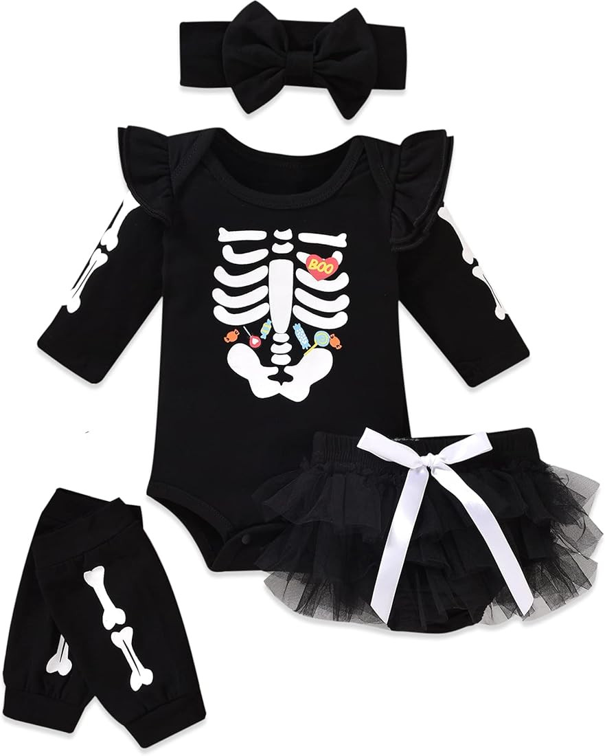 fioukiay Newborn Baby Girls Halloween Clothes Outfits Infant 4pcs Skeleton Pumpkin Bodysuit Romper S | Amazon (US)